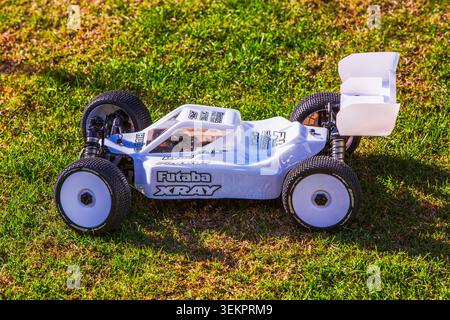 Vue rapprochée du buggy de course à télécommande Futaba XRAY blanc garé sur l'herbe verte. Suède. Banque D'Images