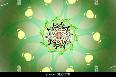 Motif Mandala floral vert avec motifs coeurs et symétrie inspirée de la nature Banque D'Images