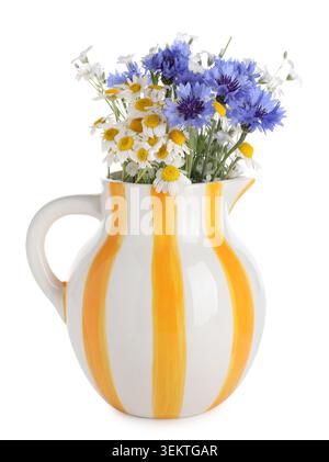 Belles fleurs sauvages en pichet isolé sur blanc Banque D'Images