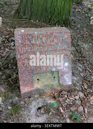 MALA WIES, POLOGNE - [21.06.2025] : une pierre commémorative historique en granit rouge de la première Guerre mondiale (1914) située dans la forêt du domaine du Palais Mala Wies. Le monument comporte une inscription cyrillique, ce qui est rare en Pologne. Le texte gravé se traduit par : « État-major de la V Armée au prince Zdzislaw et à la princesse Maria Lubomirski 1914 ». Cet artefact est un gage de gratitude et témoigne d'une relation étonnamment amicale entre l'armée de l'Empire russe - l'un des partisans de la Pologne - et la noblesse polonaise locale pendant le conflit. Une plaque métallique rectangulaire manquante est als Banque D'Images