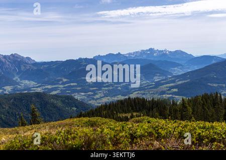 Une vue panoramique à couper le souffle sur les Alpes autrichiennes. Des forêts verdoyantes recouvrent les collines, menant à un village pittoresque niché dans la vallée Banque D'Images