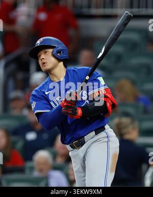 Atlanta, États-Unis. 03 juin 2026. Le troisième joueur de base Kazuma Okamoto #7 des Blue Jays de Toronto se bat en sixième manche contre les Braves d’Atlanta à Truist Park le mercredi 3 juin 2026 à Atlanta, en Géorgie. Photo de Mike Zarrilli/UPI crédit : UPI/Alamy Live News Banque D'Images