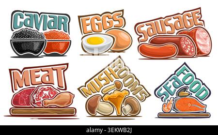 Vector Food Set, collection de 6 compositions isolées de natures mortes de divers produits de viande biologique avec texte pour l'emballage, groupe de dessins animés entiers et p. Illustration de Vecteur