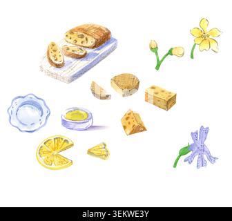 Ensemble d'éléments de cuisine douillets à l'aquarelle avec soucoupe de citron et pain au fromage et fleurs botaniques. Pack d'illustration d'aquarelle dessinée à la main pour la maison créative Banque D'Images