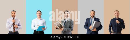 Collage portrait de groupe de jeunes hommes d'affaires confiants en vêtements formels isolés sur des arrière-plans de studio pastel, des employés de bureau masculins professionnels posant wi Banque D'Images