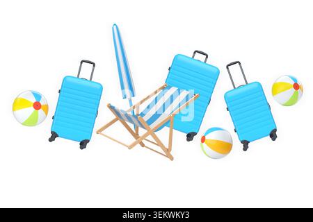 Ensemble de valises, parasol rayé, chaise de plage et balles de plage isolé sur fond blanc. Concept de plaisir de vacances d'été Banque D'Images