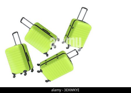 Ensemble de valises en plastique colorées avec poignées isolées sur fond blanc. Concept de voyage et de vacances Banque D'Images