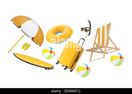 Ensemble de valises, parasol rayé, chaise de plage et balles de plage isolé sur fond blanc. Concept de plaisir de vacances d'été Banque D'Images