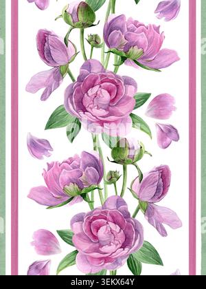 Bordure florale verticale aquarelle avec pivoines roses, bourgeons, pétales, feuilles et rayures. Cadre botanique élégant pour invitations, papeterie, emballage Banque D'Images