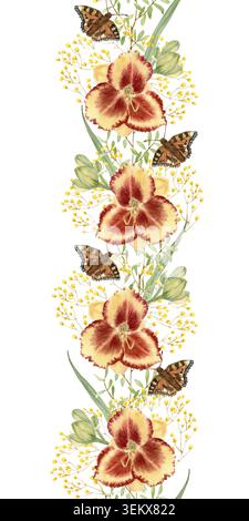 Une bordure verticale sans couture avec des fleurs rouges et jaunes, des lys, des branches de gypsophila et des papillons sur un fond isolé, peint à la main en Wat Banque D'Images