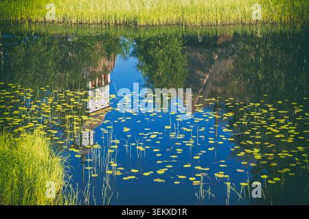 Petäjävesi, Finlande - 04.07.2021 : bâtiment blanc reflété dans la surface de l'eau calme au milieu des nénuphars flottants et de la verdure estivale vibrante Banque D'Images