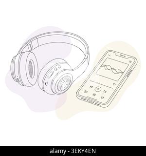 Minimalist Line Art avec des formes pastel abstraites casque sans fil et smartphone Music Vector Illustration de Vecteur