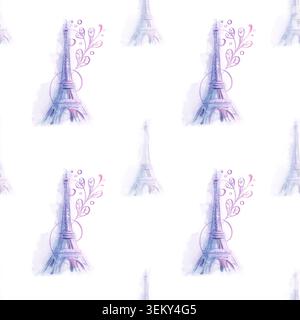 Motif artistique de Paris sans couture avec aquarelle Tour Eiffel, fleurs et détails décoratifs élégants. Style papier peint français romantique Banque D'Images