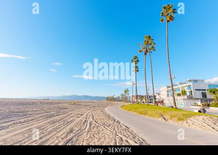 Venice Beach, Californie - 8 janvier 2026 : vue panoramique sur la piste cyclable pavée et la plage de sable de Venice Beach, Californie, avec de grands palmiers, moderne Banque D'Images
