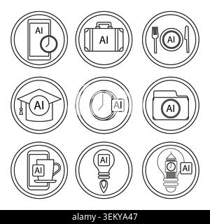 Les icônes d'intégration IA montrent l'intelligence artificielle pour les affaires, l'éducation, les voyages et la vie quotidienne. Collection de symboles vectoriels de lignes fines. Vecteur EPS 10. Illustration de Vecteur