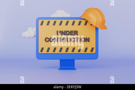 Sous le signe de construction sur l'écran d'ordinateur, entretien du site Web, sous l'avertissement de bande de construction Banque D'Images