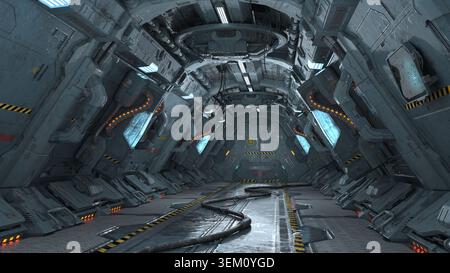 Intérieur futuriste de couloir scifi avec des néons lumineux et des textures réalistes. Banque D'Images