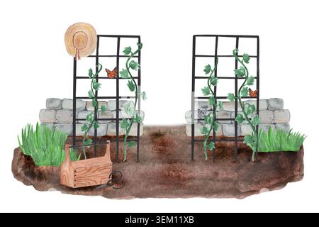 Outils de jardin d'aquarelle, outils de ferme jardinage de ferme de campagne, clipart, pot de fleur Banque D'Images