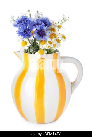 Belles fleurs sauvages en pichet isolé sur blanc Banque D'Images