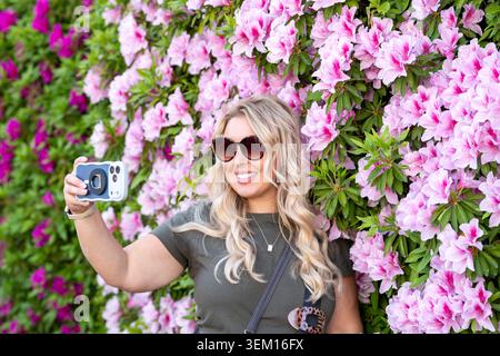 Femme blonde se tient devant un mur de fleurs roses, prenant un selfie Banque D'Images