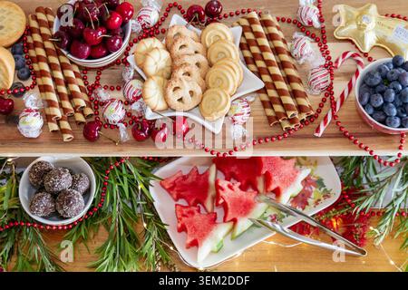Dessert de Noël à deux niveaux avec cerises fraîches, myrtilles, biscuits, boules de rhum et tranches de pastèque en forme d'arbre dans le Queensland. Banque D'Images