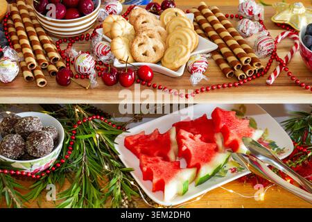 Présentoir à deux niveaux avec biscuits sablés, gaufrettes, boules de rhum et tranches de pastèque en forme de sapin de Noël, Queensland. Banque D'Images