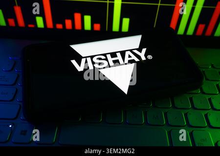 Logo de Vishay Intertechnology Electronic Components and Semiconductor Company sur Un écran avec Un graphique en temps réel en arrière-plan Banque D'Images