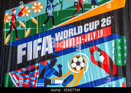 Kansas City, États-Unis. 03 juin 2026. Une bannière représentant le motif de la Coupe du monde de la FIFA de Kansas City est affichée lors de la conférence de presse One Year To Go à Union Station à Kansas City, Missouri, le 11 juin 2025. L’événement marquait exactement un an avant le début de la Coupe du monde de la FIFA 2026, qui sera co-organisée par les États-Unis, le Canada et le Mexique, Kansas City étant l’une des villes hôtes. (Photo par Emily Curiel/The Kansas City Star/TNS/SIPA USA) crédit : SIPA USA/Alamy Live News Banque D'Images