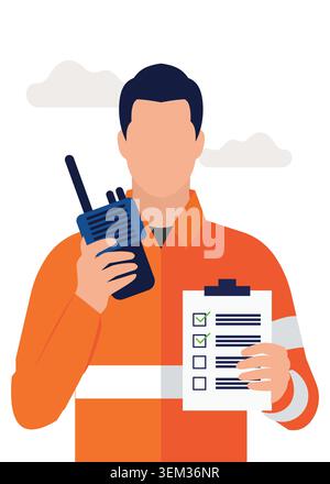 Illustration nette d'un inspecteur de la sécurité tenant un talkie-walkie et un bloc-notes de liste de contrôle, rehaussée de formes de fond pastel doux. Illustration de Vecteur