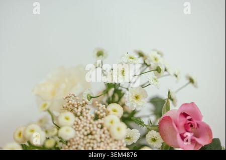 Arrangement floral pastel doux avec rose rose et marguerites Banque D'Images