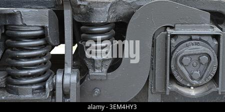 Gros plan horizontal d'une roue de train peinte en noir montrant des ressorts métalliques Banque D'Images