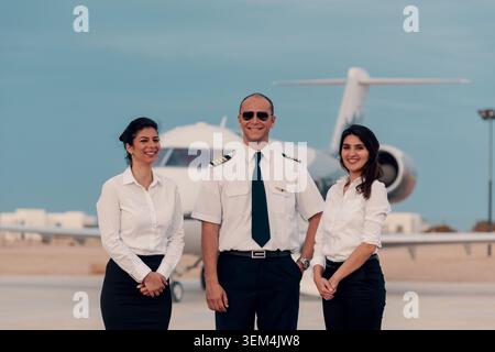 Équipe d'équipage d'aviation professionnelle de pilote commercial confiant portant des lunettes de soleil avec cravate noire et épaulettes debout aux côtés de deux femmes souriantes Banque D'Images