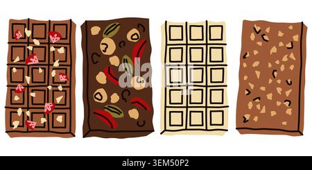 Set de barres de chocolat avec variétés foncées, blanches et au lait avec garniture de fraise, noix et fruits. Illustrations dessinées à la main pour la marque de confiserie Illustration de Vecteur