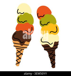 Deux cônes gaufrés avec quatre énormes boules de saveurs de crème glacée assorties, y compris pistache, orange, vanille et chocolat. Vecteur vibrant dessiné à la main Illustration de Vecteur