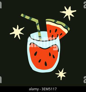 Cocktail de jus de pastèque frais en verre avec paille et tranche de fruits. Illustration de boisson d'été dessinée à la main sur fond sombre avec des étoiles. Pour les articles saisonniers Illustration de Vecteur