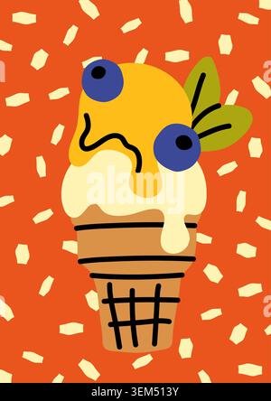 Affiche d'été lumineuse avec illustration vectorielle plate dessinée à la main de cône de crème glacée gaufre avec garnitures de fruits et bleuets sur fond orange Illustration de Vecteur