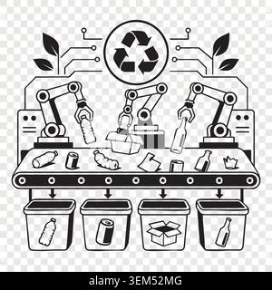 Bras robotisés industriels triant les déchets sur le tapis roulant dans des bacs de recyclage avec contrôle intelligent des copeaux Illustration de Vecteur