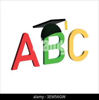 Illustration 3D vectorielle de lettres colorées de l'alphabet ABC avec un chapeau de graduation noir sur la lettre B, isolé sur un fond blanc propre. Illustration de Vecteur