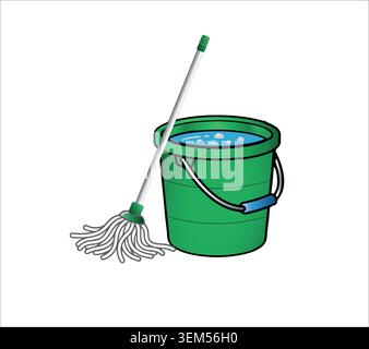 Illustration vectorielle d'une vadrouille blanche appuyée contre un seau en plastique vert rempli d'eau bleue savonneuse, isolé sur un fond blanc. Illustration de Vecteur