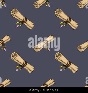 Modèle vectoriel sans couture de rouleaux anciens avec des amulettes mystiques, texture de papier vintage Illustration de Vecteur