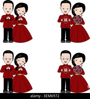 Ensemble d'illustration vectorielle d'un couple de mariage chinois heureux dans des tenues rouges traditionnelles, saluant avec des mains serrées, tenant un double signe de bonheur. Illustration de Vecteur