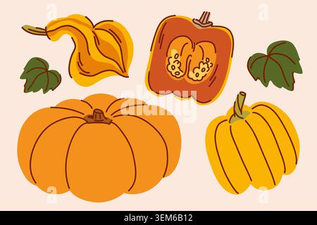 Une composition de citrouilles entières et coupées en deux avec de la pulpe et des graines parmi les feuilles de citrouille verte Illustration de Vecteur