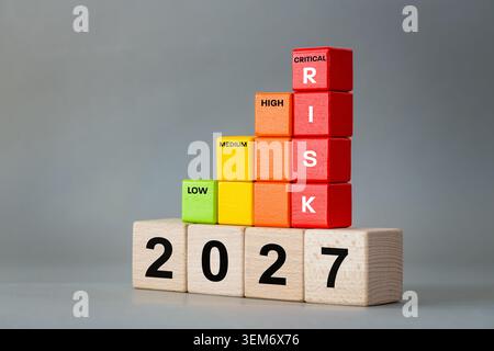 Tour de blocs rouges avec mot RISQUE empilé sur des cubes en bois avec année 2027 à côté d'un graphique à étapes des niveaux de risque, critique élevé moyen bas Banque D'Images