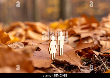 Figurines en bois de personnes dans la forêt en automne. Automne de la vie, assurance maladie, concept de santé, fonds de pension. Renforcement de l'immunité. Protection Banque D'Images