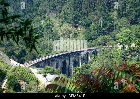 Vue aérienne à angle élevé regardant vers le bas la célèbre pont des Neuf Arches entouré de luxuriantes plantations de thé à Ella, Sri Lanka. Banque D'Images