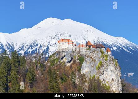 Ancien château médiéval sur le rocher contre les montagnes enneigées et le ciel bleu, le lac de Bled, Slovénie Banque D'Images