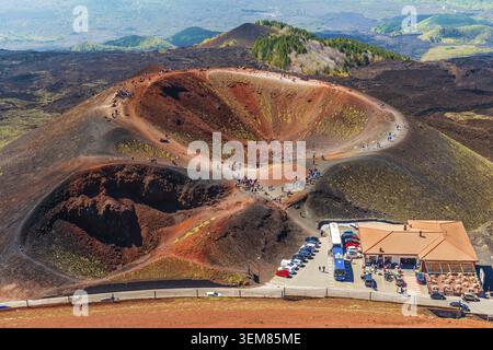 Vue imprenable sur le cratère volcanique et les groupes de touristes marchant autour de lui. Etna, Sicile, Italie Banque D'Images