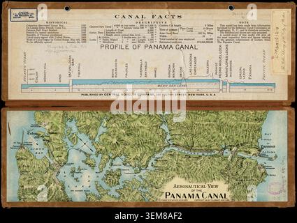 Carte historique illustrée intitulée vue aéronautique du canal de Panama par C. P. Gray, publiée en 1911. La vue aérienne colorée représente le tracé prévu du canal de Panama à travers l'isthme de Panama, mettant en évidence le lac Gatun, la Culebra Cut, les écluses du canal, la topographie environnante, et des caractéristiques techniques, accompagnées d'un diagramme de profil détaillé et de statistiques de construction du projet de canal du début du xxe siècle. Banque D'Images