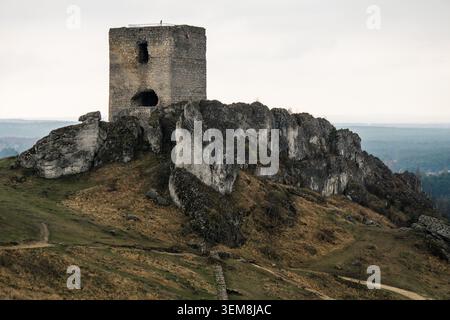 Tour de forteresse en pierre altérée au sommet d'un affleurement rocheux accidenté sur une colline herbeuse avec un paysage brumeux lointain sous un ciel couvert représentant l'histoire A. Banque D'Images