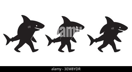 Black Silhouette ensemble de trois personnages de requin de dessin animé marchant Illustration de Vecteur